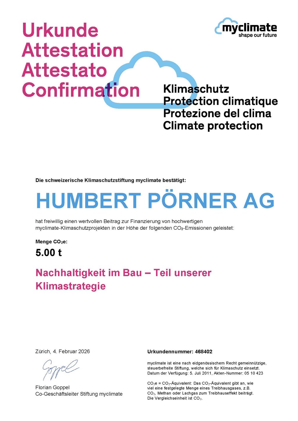 5 t Co2 kompensiert im Jahr 2026 (Total 350.41 t seit 2020)
